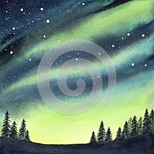 Watercolour illustration of peaceful serene spruce forest under colorful northern lights and night starry sky.