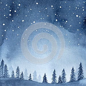 Watercolour illustration of peaceful spruce forest under night sky full of stars.
