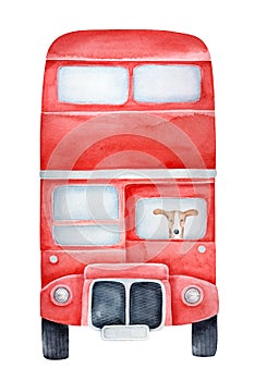 Watercolour illustration of red double-decker bus with cute little puppy sitting inside.