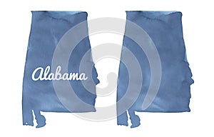 Watercolour illustration set of Alabama State Map in navy blue colour in two variations.