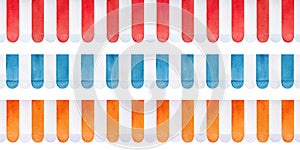 Watercolour illustration set of different awnings for shop in various colors with white stripes