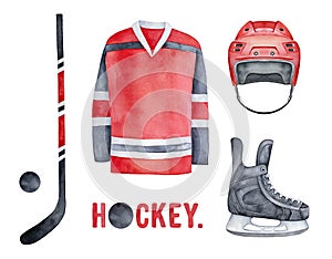 Watercolour illustration set of Ice Hockey Equipment, player uniform parts and decorative text phrase.