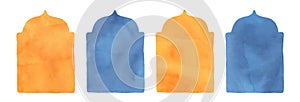 Watercolour illustration set of Islamic shape window frame in orange and blue color.