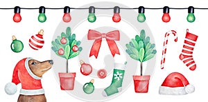 Watercolour illustration set of little dog and bright Christmas decorations.