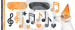 Watercolour illustration set of music notes, clef symbol, star and heart shapes, talk bubbles and cute puppy wearing bright party