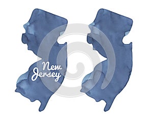 Watercolour illustration set of New Jersey State Map in dark navy blue color