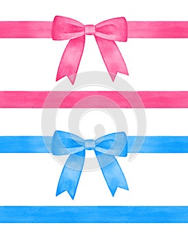 Watercolour illustration set of seamless repeatable ribbons with twist tie bows in light blue and pink colors.