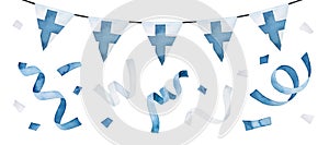 Watercolour illustration set with string garland, bright flag of Finland and blue and white festive confetti.