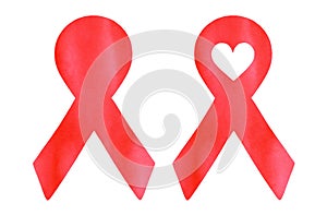 Watercolour illustration set of two red ribbons: blank template and with love heart variation.