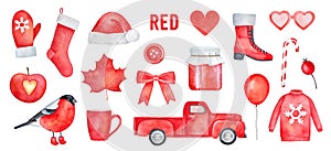 Watercolour illustration set of various objects in bright red color