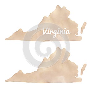 Watercolour illustration set of Virginia State Map in beige in two variation