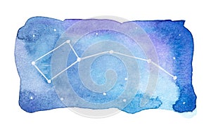 Watercolour illustration of sky shape with starts and Ursa Major constellation on blue and purple gradient background.