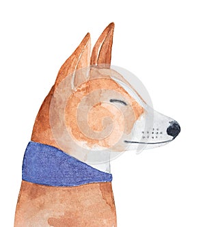 Watercolour illustration of smiling Basenji Dog wearing wide dark purple collar.