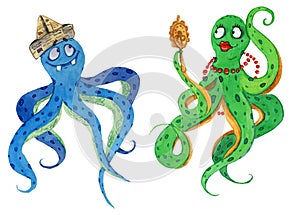 Watercolour illustration of two funny octopuses male and female photo