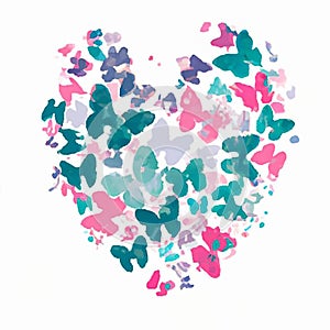 Watercolour illustration of Valentine`s day butterflies heart