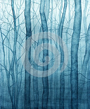 Watercolour image of a dense blue forest in the fog