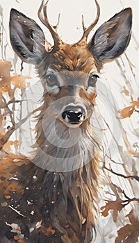 Watercolour image of reindeer in the forest