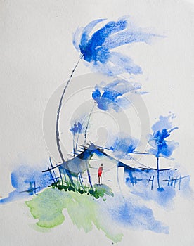 Watercolour image of a strom in an Indian village. Stong wind on coconut trees and a man in front of his house, depicting Indian