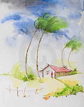 Watercolour image of a strom in an Indian village. Stong wind on coconut trees and a man in front of his house, depicting Indian