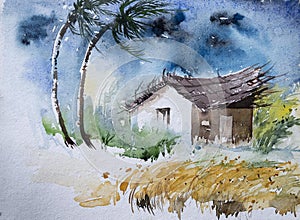 Watercolour image, strom in an Indian village. Stong wind on trees and a house. Dark clouds above depicting Indian monsoon