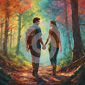 Watercolour image of young couple holding hands in the forest