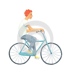 Watercolour Man Riding A Bike. A cyclist keeping fit. isolated illustration.