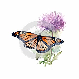 watercolour monarch butterfly landing on alium flower