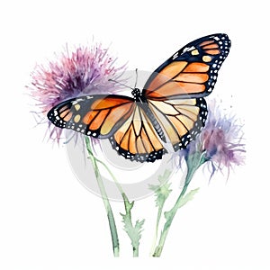watercolour monarch butterfly landing on alium flower clipart