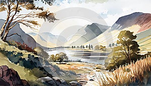 watercolour of Mountains and landscape in The Lake District on a Summer day