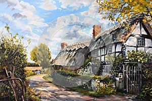 Watercolour oil painting of an old fashioned quintessential English country village in a rural landscape setting