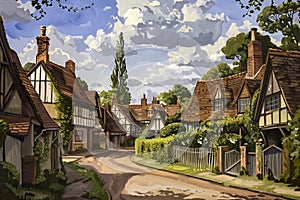 Watercolour oil painting of an old fashioned quintessential English country village in a rural landscape setting