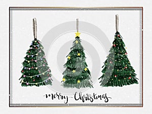 Watercolour paint Christmas tree with red bow,star,light bulb decoration with snow falling on white watercolor paper background,