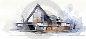 Watercolour paint technical drawing, a sketch of the building design house