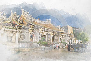 Watercolour painted of Mengjia Longshan Temple is Chinese folk religious temple, served as a place of worship for Chinese settlers