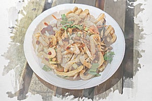 Watercolour painted of  Thai food tradition style, Crispy pork spicy salad in foodtruck event