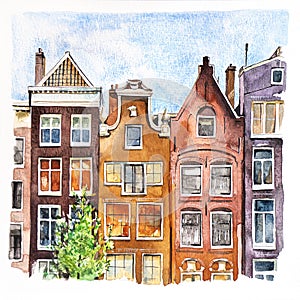 Watercolour painting of Amsterdam dancing houses over river Amstel