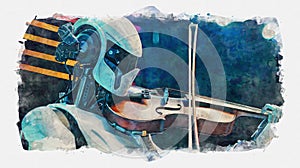 Watercolour painting of an android robot playing a violin at an orchestral classical music concert photo