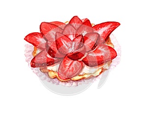 Watercolour painting bright vivid colour illustration of strawberry cake. Testy food still life. Hand painted isolated food.