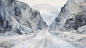 Snowy Road Down The Mountain: A Depth-defying Watercolor Painting photo