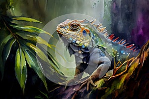 Amazing colorful iguana in the rain forest, ai illustration