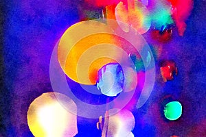 Watercolour painting of colourful Christmas lights bokeh, dark background.