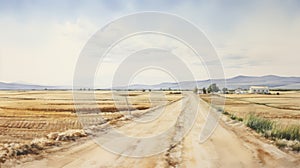 Watercolour Painting Of Countryside Dirt Road In Split Toning Style