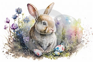 Watercolour painting of a cute baby bunny with flowers and easter eggs on white background. For easter and spring greeting cards.