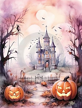 Watercolour painting of Halloween landscape with castle and Jack O Lanterns