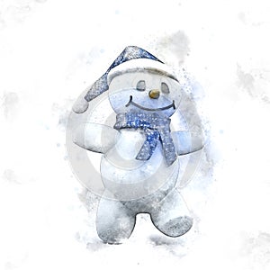 Watercolour painting of a happy snowman