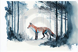 Red Fox animal in Winter forest watercolour illustration photo