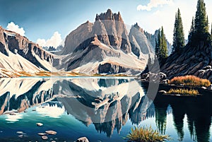 Watercolor illustration of the beautiful Dolomites in Italy photo