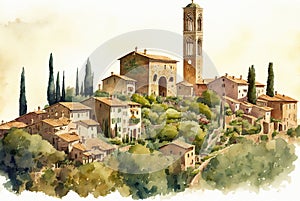 Watercolor illustration of the beautiful fields of Tuscany in Italy photo