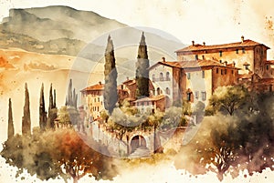 Watercolor illustration of the beautiful fields of Tuscany in Italy photo