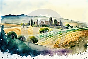 Watercolor illustration of the beautiful fields of Tuscany in Italy photo